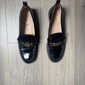 Sam Edelman Black Patent Leather Loafers with Gold Bit
